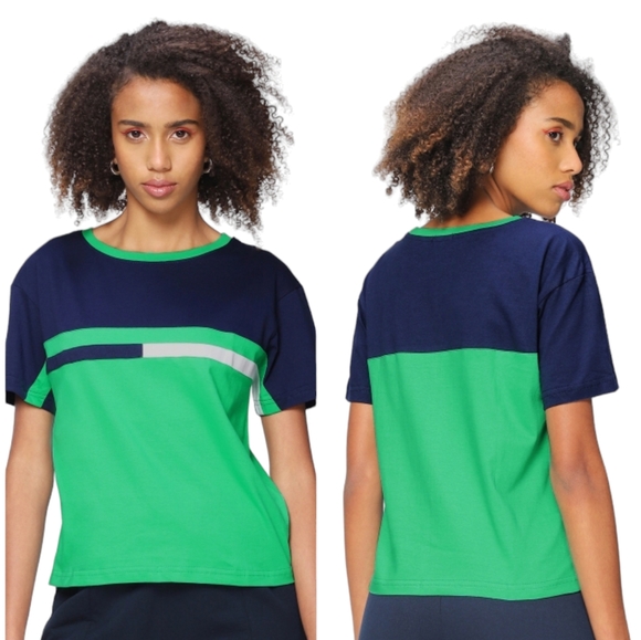 Bewakoof Shirt Womens Size Small Green Blue Two Panel Striped Color Block Top - Picture 1 of 7